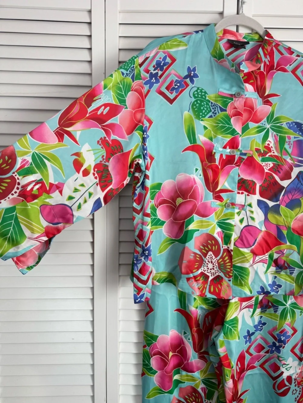 Tropical Floral Satin Pajama Set in Aqua & Pink